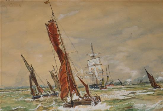 English School c.1910 Fishing boats off the coast 28x 39cm